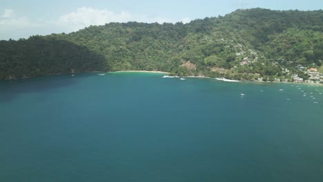 Amazing-aerial-of-Pirates-Bay-in-the-Fishing-village-of-Charlotteville,-Tobago