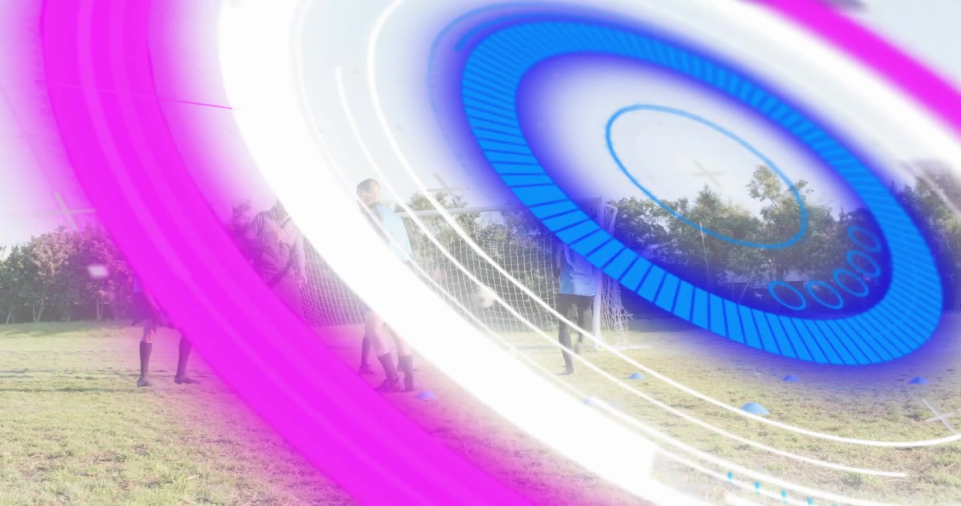 Swirling rings revealing five men jogging and passing soccer ball near goal under overlay for drill