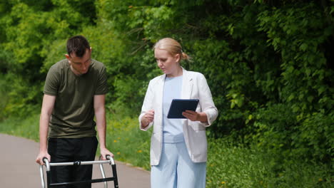 man with a walker being assisted by a doctor