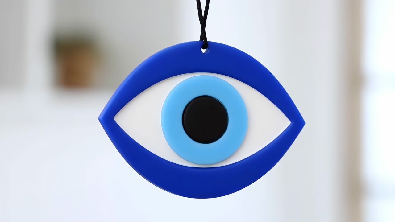 Eye-shaped amulet suspended from thin black cord, showing bold blue outer ring, light blue inner ring, white center, and black disc, with soft blurred indoor background and centered composition