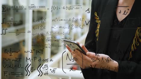 Animation-of-mathematical-equations-over-caucasian-businesswoman-using-smartphone