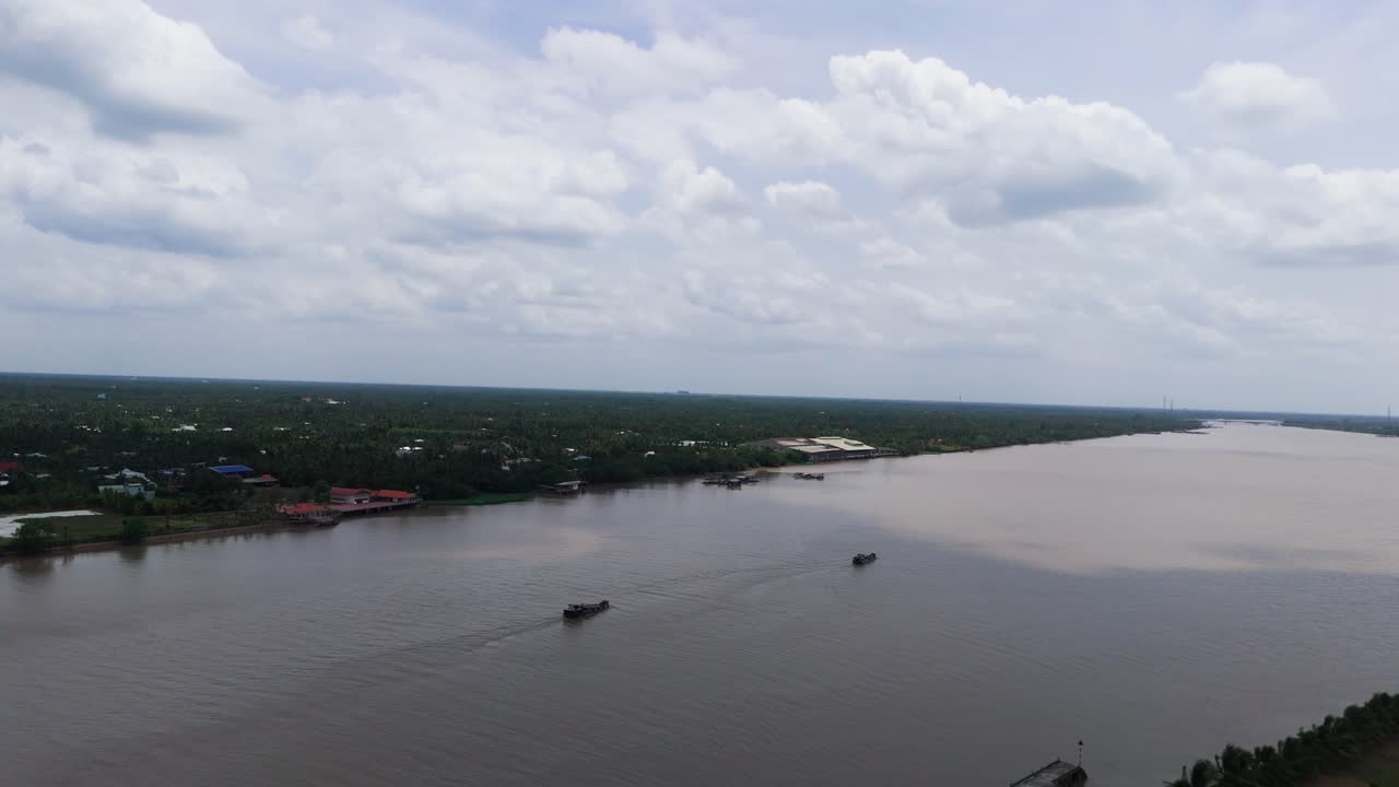 Aerial View Jib of Two Ships in the River in Ben Tre.