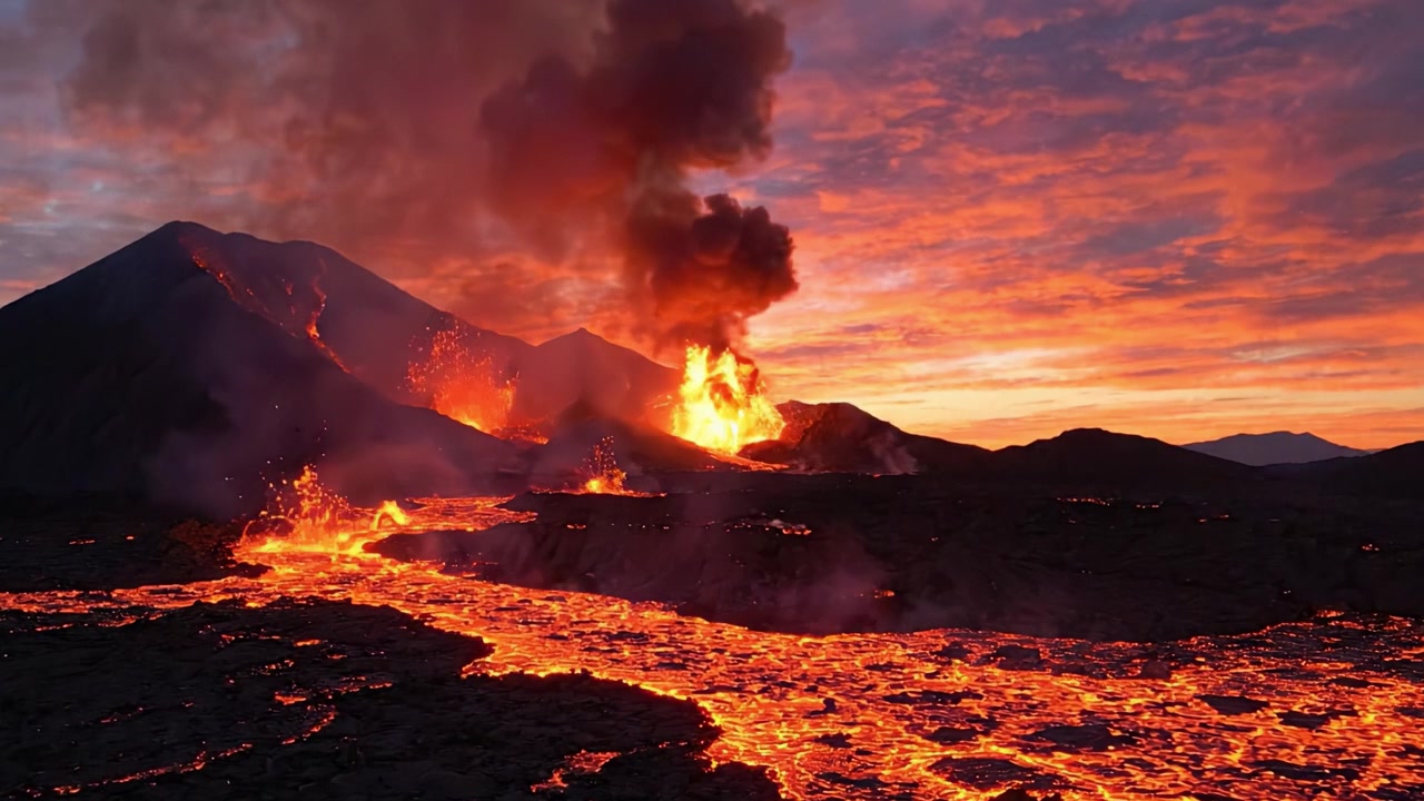 Erupção Extraordinária: Um Pôr do Sol Deslumbrante Sobre Lava Fluindo e Vulcões Fumegantes, Capturando o Poder da Fúria da Natureza em Cores Vívidas