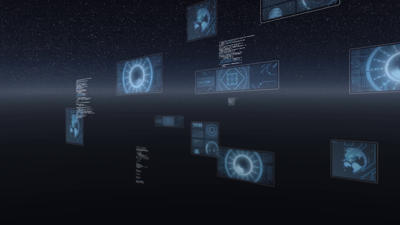 Animation of scope scanning, statistics recording, globe spinning and data processing on screens
