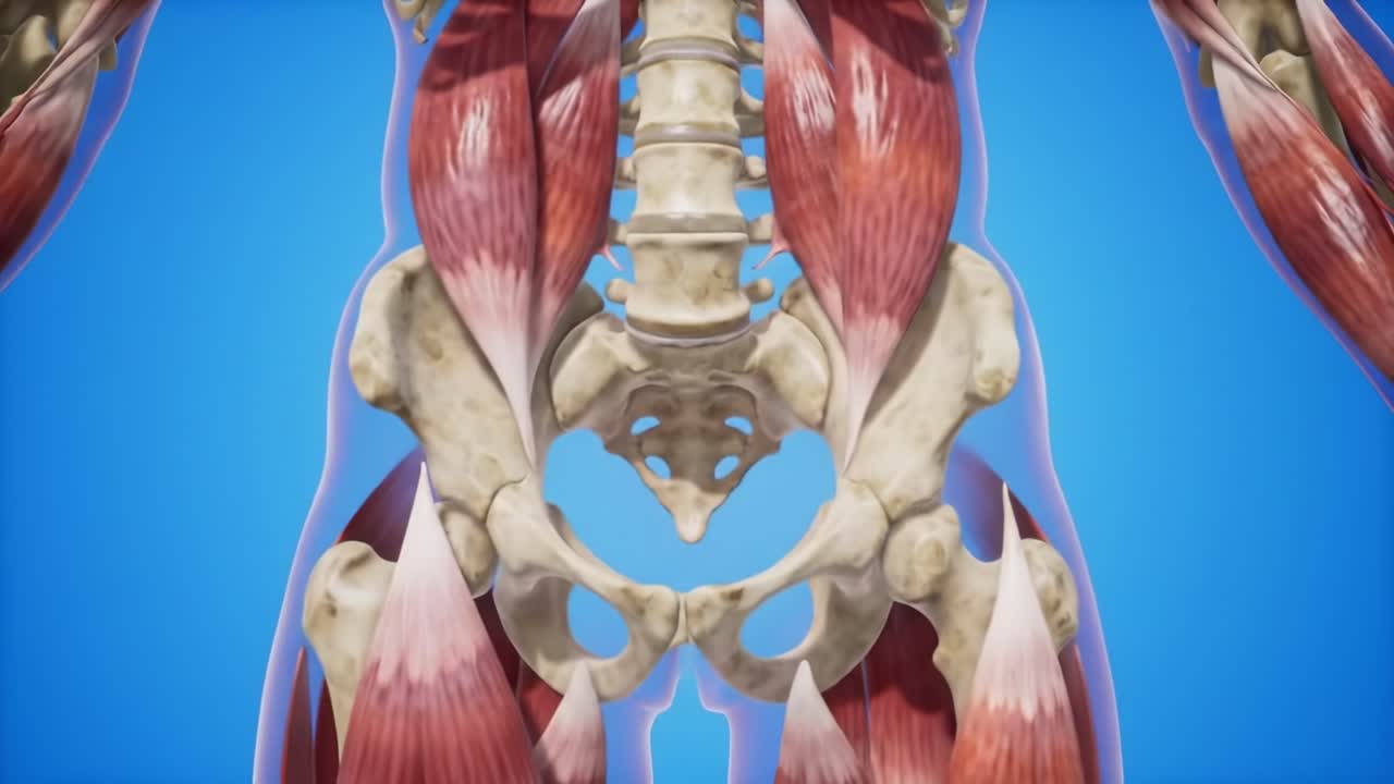 Anatomical Overview of Human Musculature Focused on Pelvic and Limb Structures, Highlighting Muscles, Bones, and Their Interactions in a Scientific Visualization