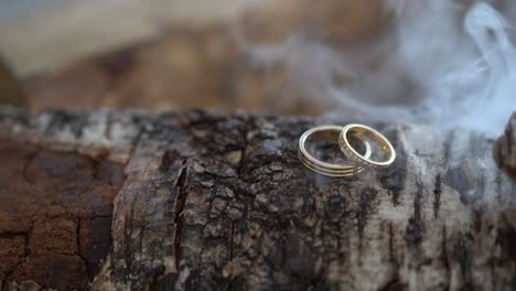 wedding rings on top of a wooden log with smoke blowing in 4k