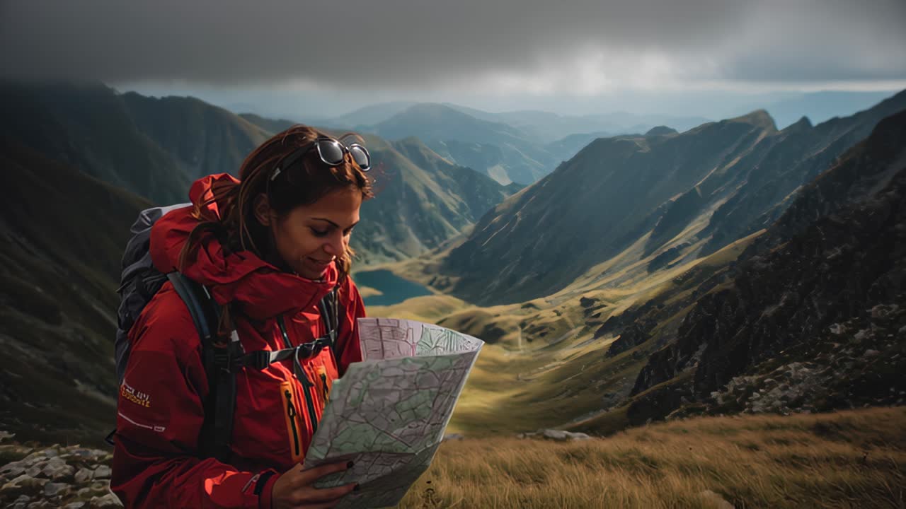 Outdoor travel footage of a woman backpacker in red jacket checking a paper map on a windy mountain ridge, with layered peaks, alpine valley and stormy sky