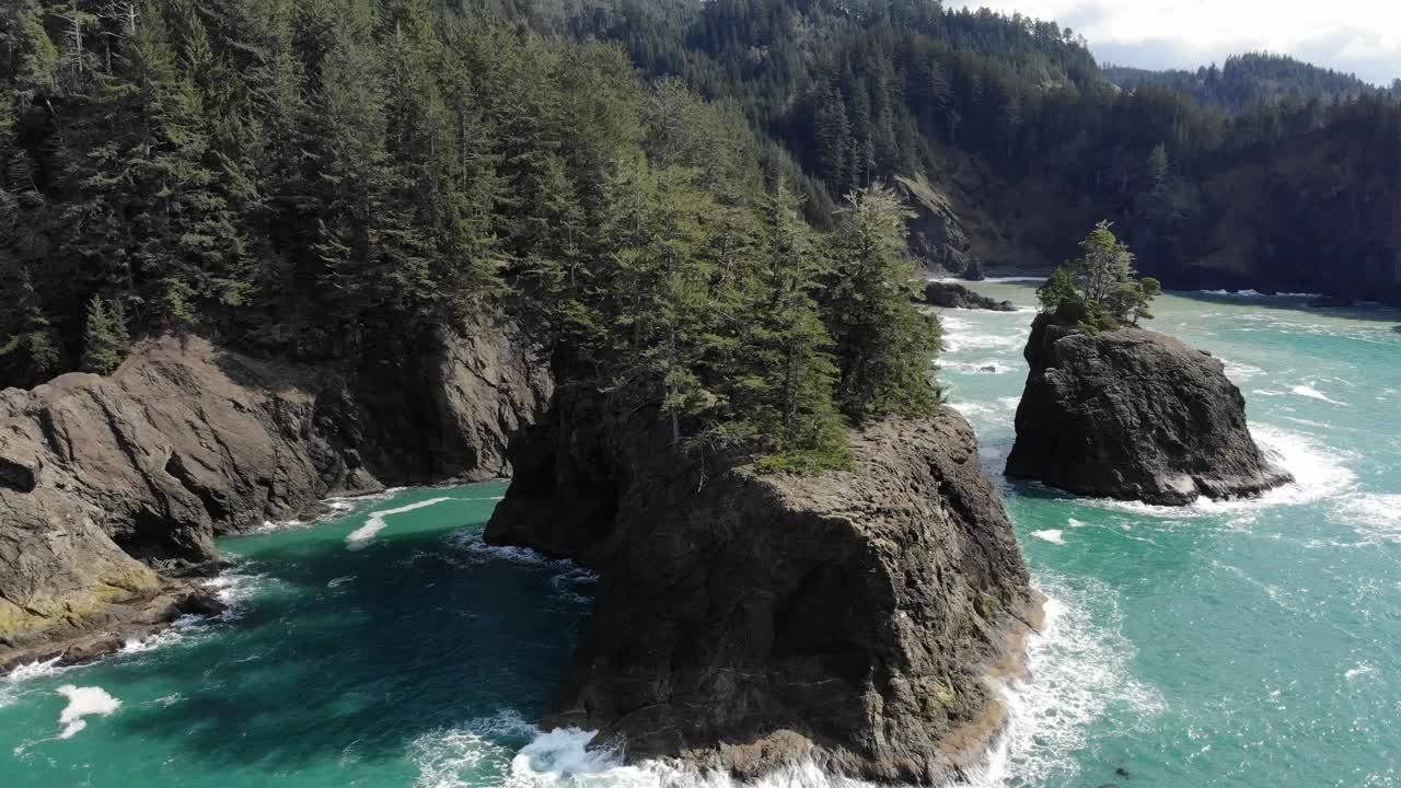 Un drone gira intorno a un'isola vicino alla costa, ricoperta di pini.