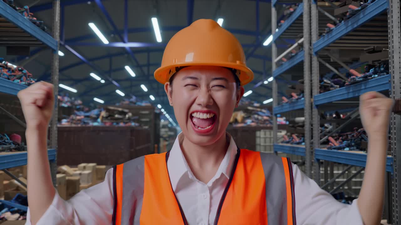 Nærbilde av en asiatisk kvinnelig ingeniør med hjelm som roper «mål» og feirer mens hun jobber, i et industrielt skrapmetall- og resirkuleringslager.