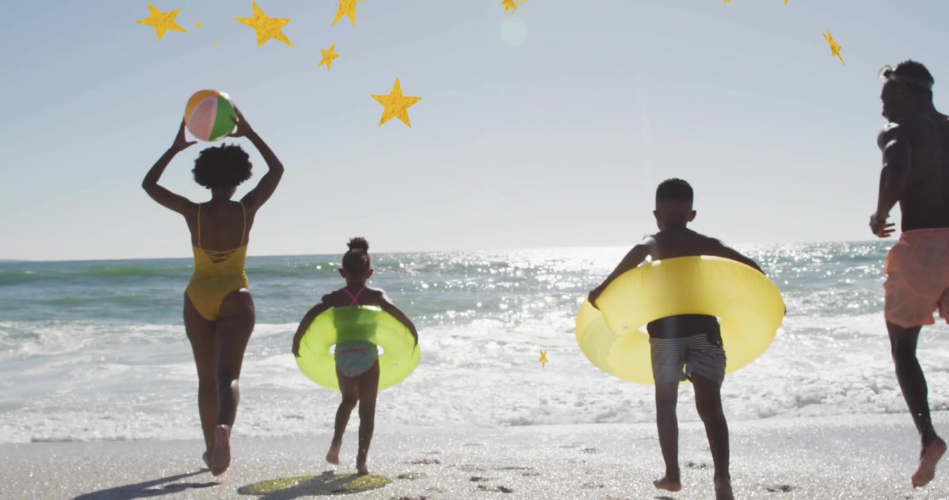 Family seeing surf running into waves holding rings for travel ad animated stars floating over them