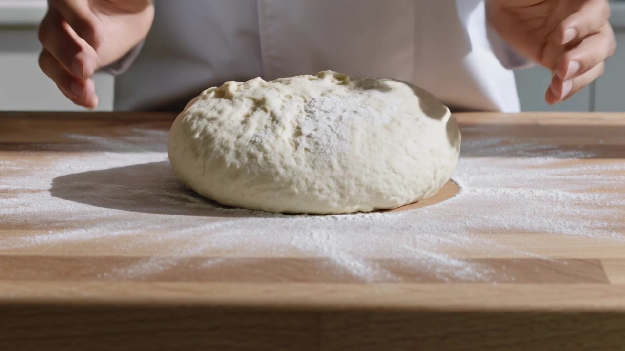 Mani che entrano nell'inquadratura, chef in giacca che modella una pagnotta per la cottura su un bancone di legno con un anello di farina