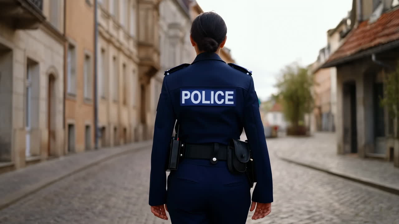 Agente di polizia donna in piedi su una strada acciottolata in una città vecchia