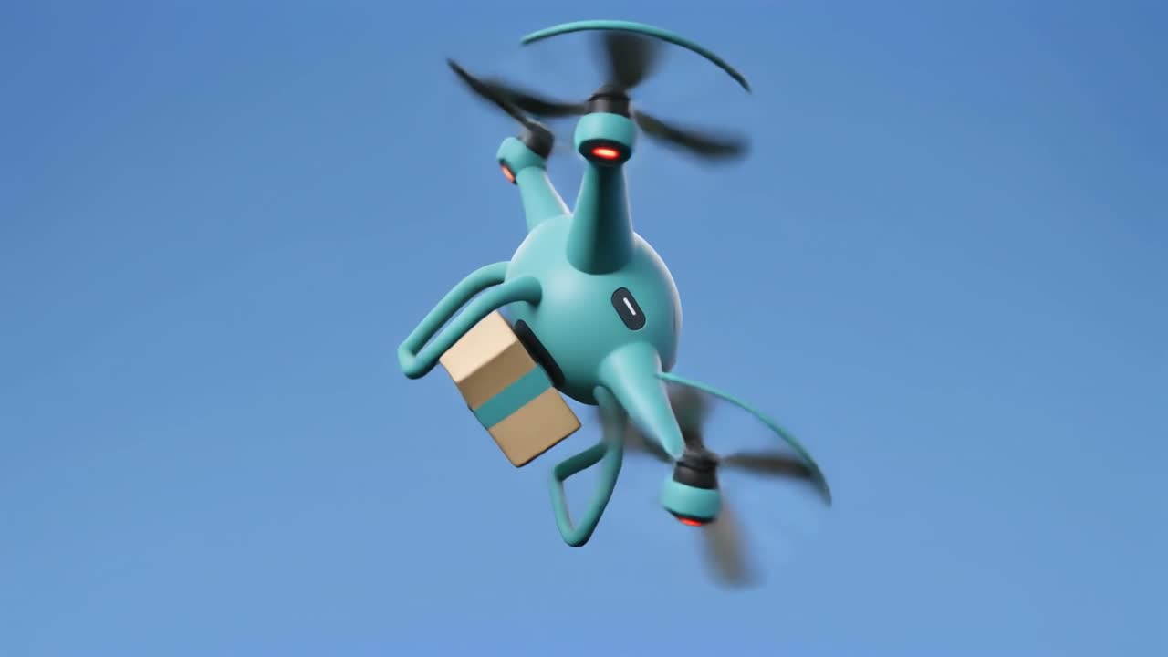 Animerad drönare levererar en kartong mot blå himmel
