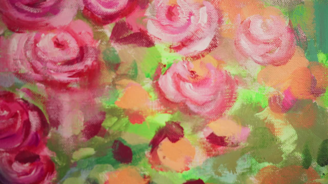 Zoom ravvicinato su un vivace dipinto ad olio di rose