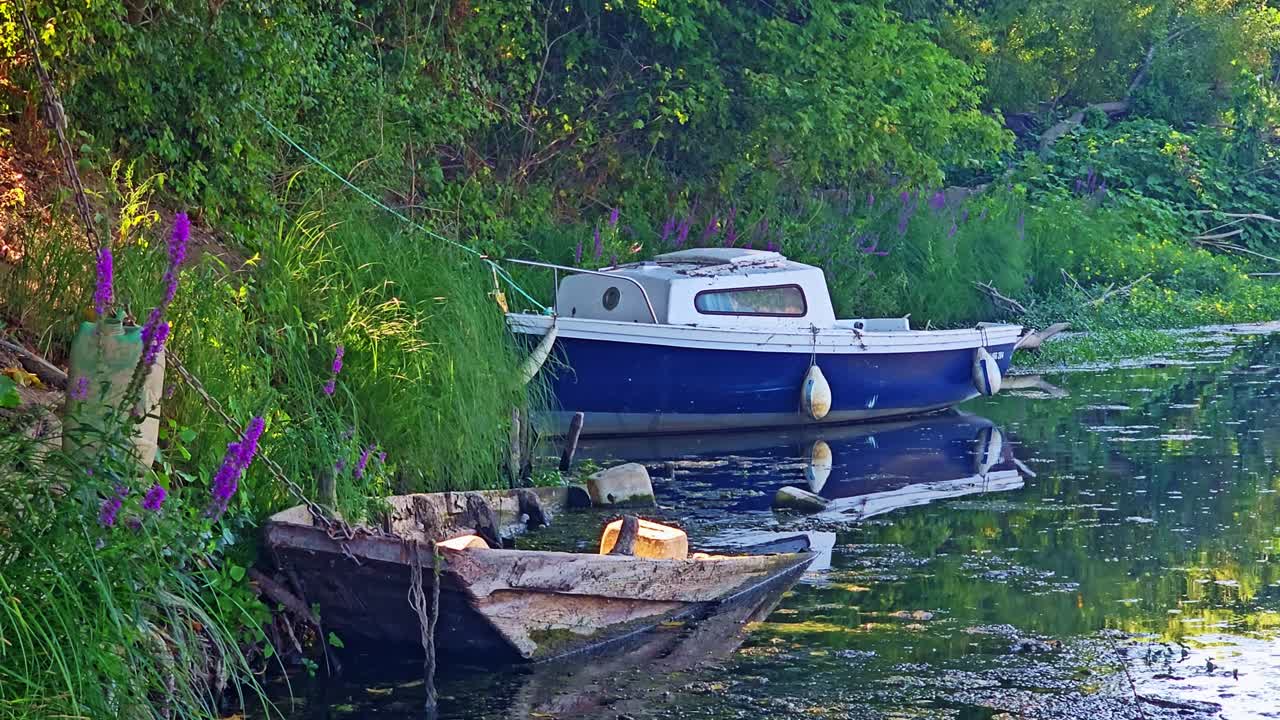 A static shot shows an old decayed boat and a moored blue boat along the riverbank. Green vegetation, purple flowers, and rays of sunlight create a peaceful bucolic scene