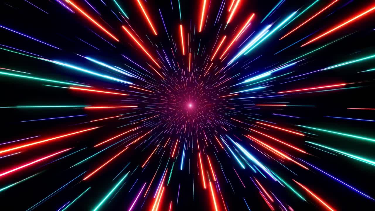 A dynamic, colorful light burst effect with a central vanishing point, captured from a first-person
