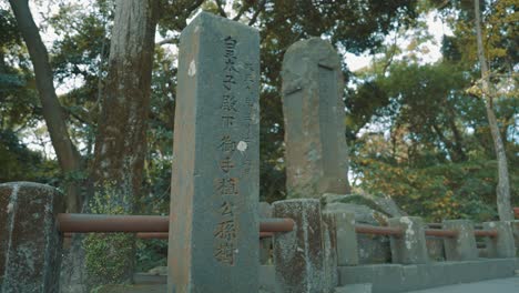 산속의 고대 일본 묘비; 정적 샷