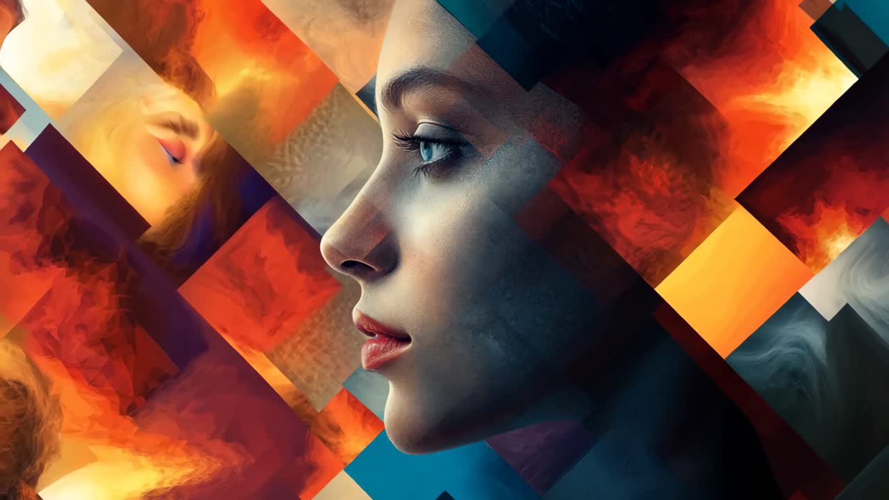 A woman's face is shown in a collage of squares and triangles. The image has a bold and modern feel, with the woman's features emphasized by the geometric shapes. The colors of the squares