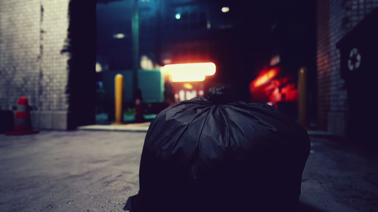 검은색 쓰레기 가방이 어두운 골목길의 콘크리트 바닥에 앉아 있습니다.