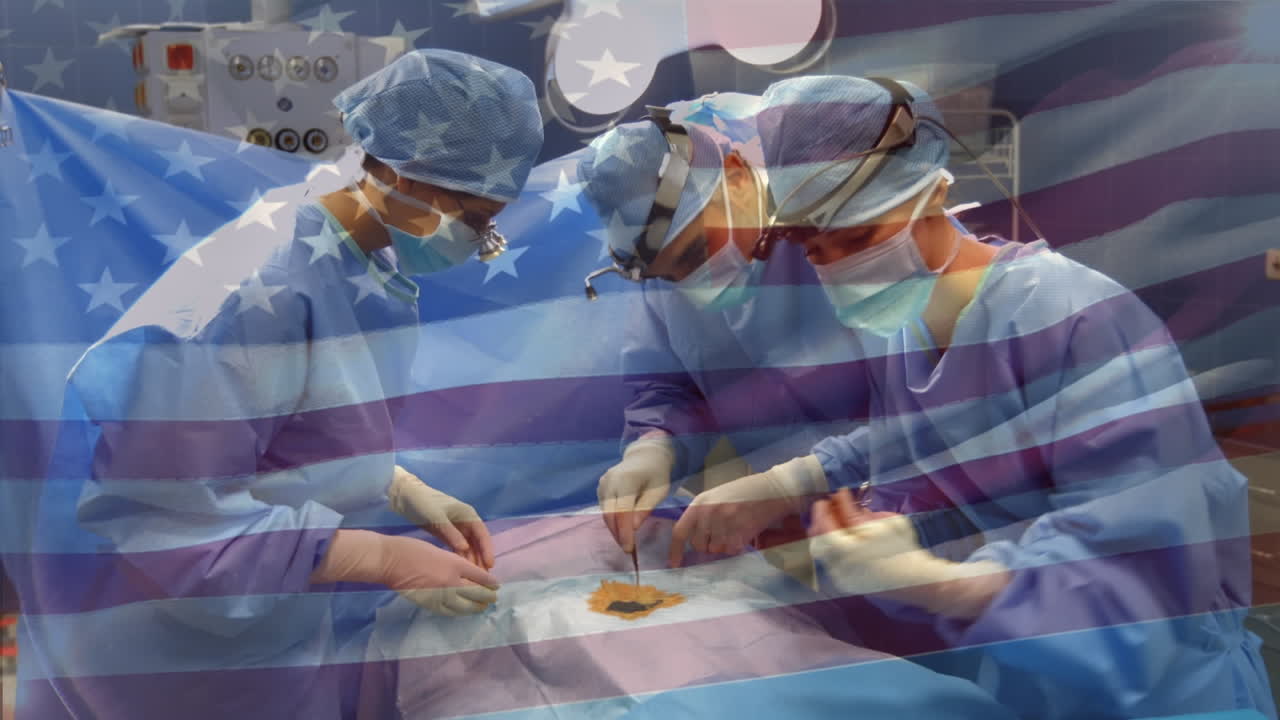 수술실 에서 외과 의사 들 위 에 흔들리는 미국 국기 의 애니메이션