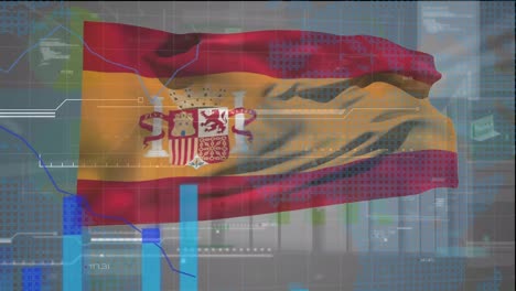 Animation-of-financial-data-processing-over-flag-of-spain