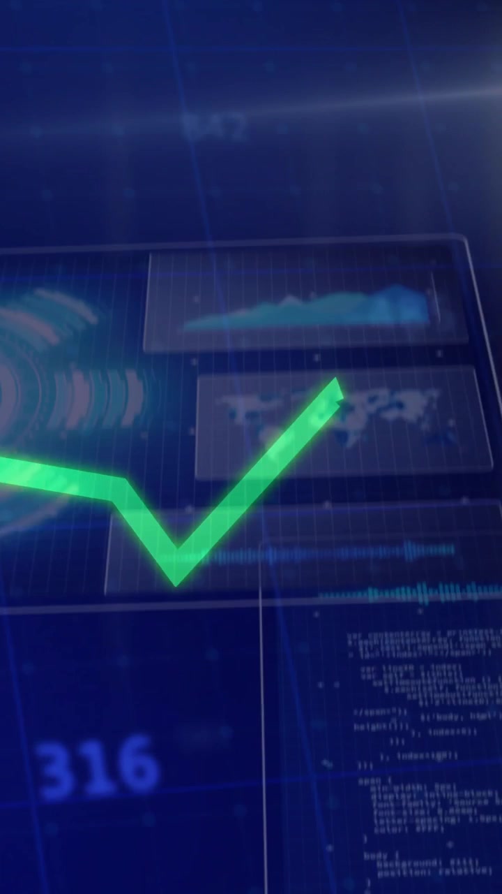 Video verticale: Linea verde che entra da sinistra con picchi che si estendono, pannelli luminosi con grafici pulsanti che mostrano dati.