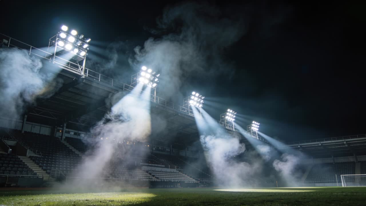 Switching on lights to illuminate pitch, revealing smoke plumes drifting across arena, empty stands