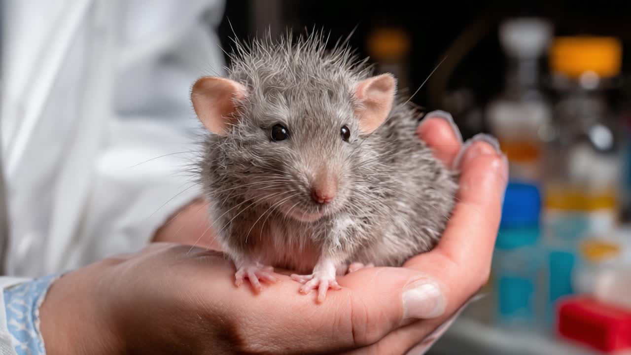 A Close-Up Look at an Adorable Hedgehog Being Held in a Person's Hand, Showcasing Its Unique Fur and Playful Expression Amidst a Laboratory Background