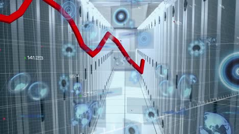 animation of data processing with red line and scopes scanning over server room