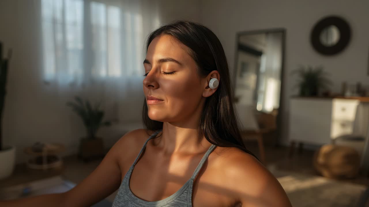Hearing white earbud cue, woman in gray tank opening eyes, turning head left at home, mirror
