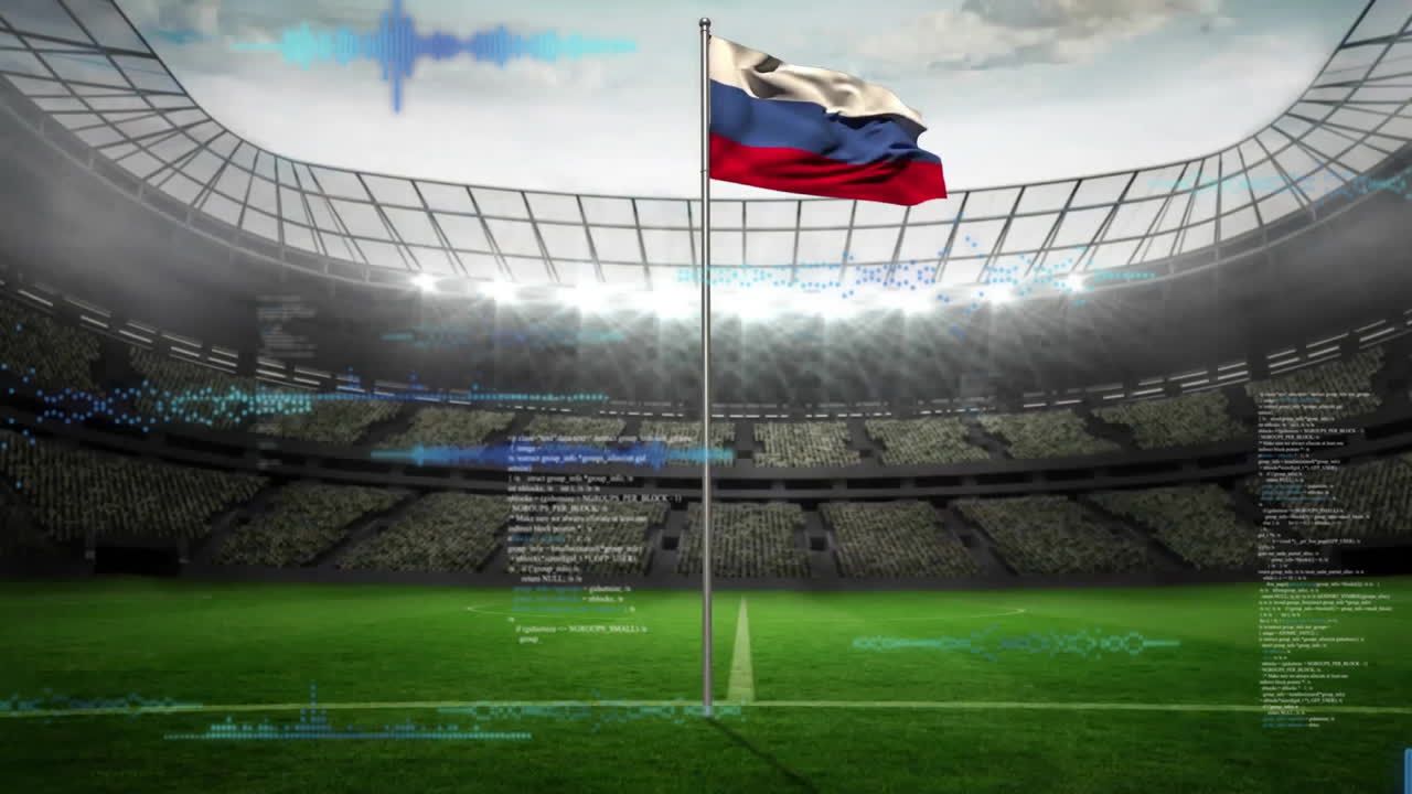 Russian flagpole flying over stadium, featuring soccer pitch, digital code and sound-wave overlay