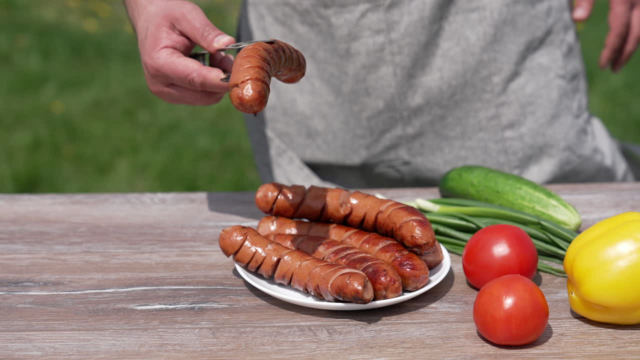Human hands taking fried juicy sausage. Man prepairing meal for picnic.