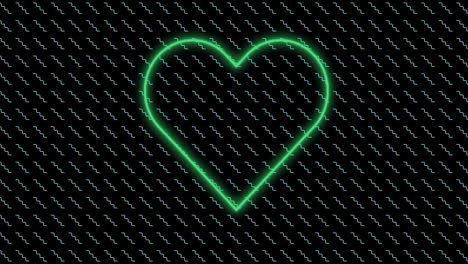 animation of neon heart icon flashing over pattern on black background