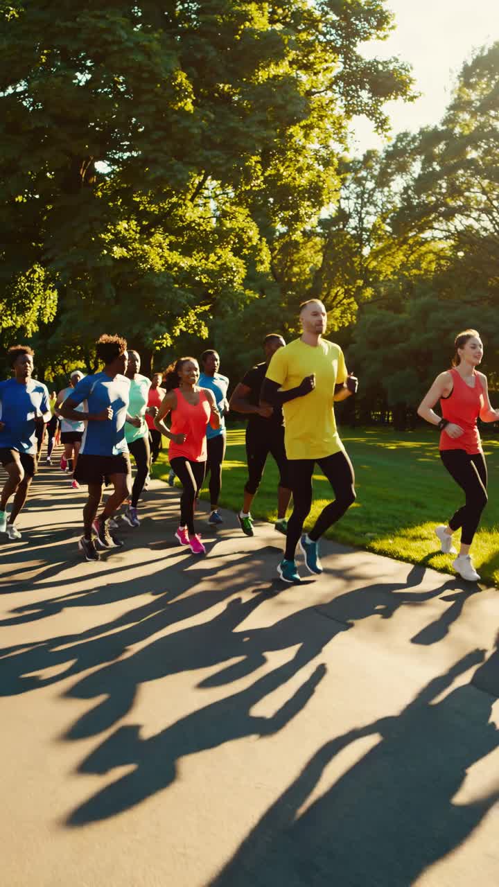 Una scena video vivace di diverse persone che fanno jogging in un parco, catturata da un'angolazione bassa.