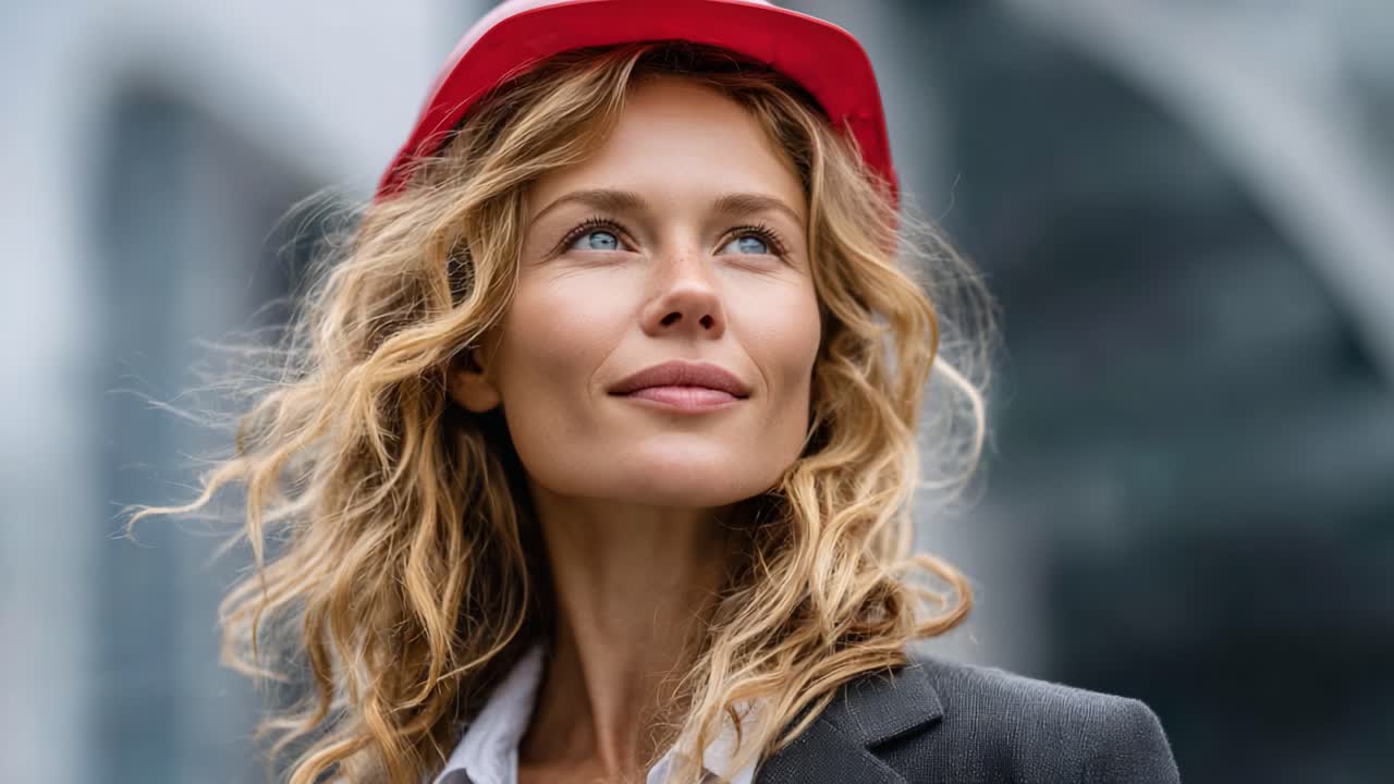 En selvsikker kvinde med hat udstråler beslutsomhed og styrke, mens hun optimistisk skuer mod fremtiden midt i et urbant landskab