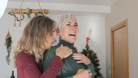 Two women celebrating Christmas and putting on a necklace