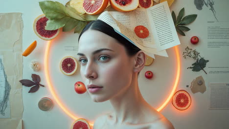 surreal portrait of a woman with citrus fruits and neon glow