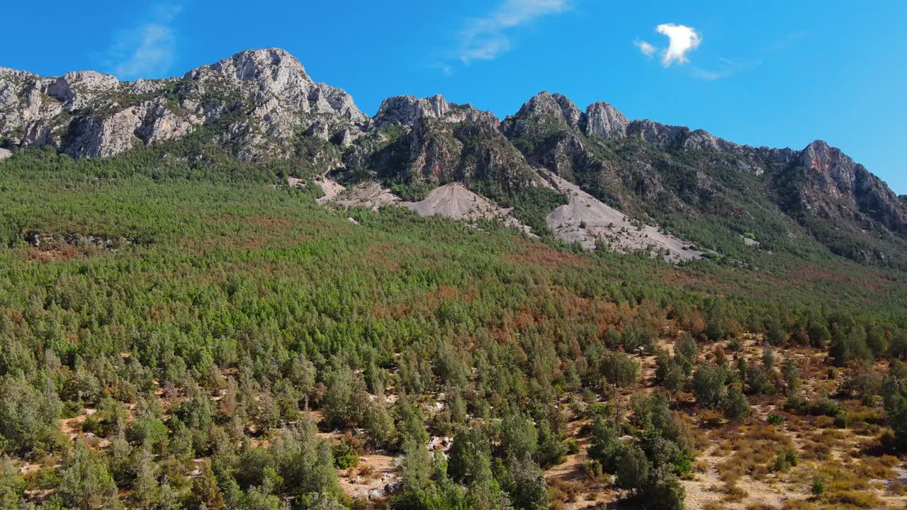A breathtaking view of Tunisia's Jbal Ressas, showcasing rugged mountain peaks, lush green forests, and a solitary cloud drifting across the vibrant blue sky.
