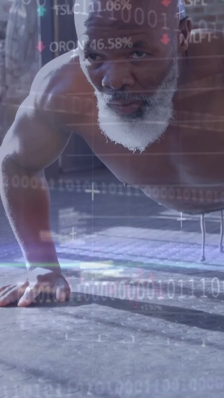 Vertical video: Man holding plank, doing pushups as camera widening, binary charts tracking fitness