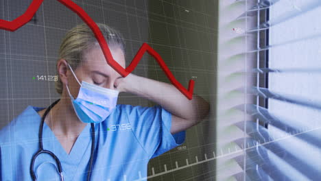 nurse wearing stethoscope rubbing neck inside hospital, displaying red line chart with grid overlay