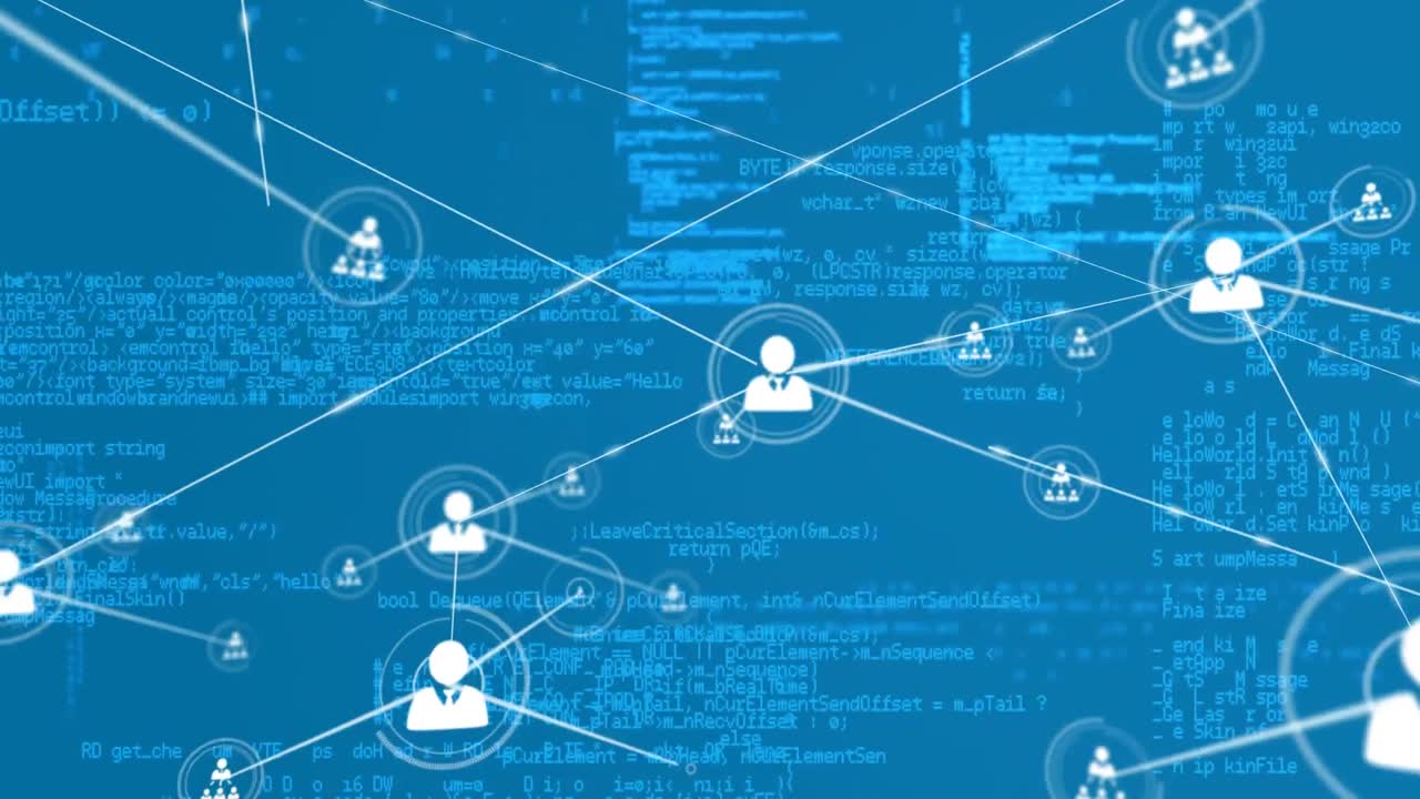 블루 매트릭스는 온라인 기술 네트워크를 보여주는 디지털 애니메이션입니다.