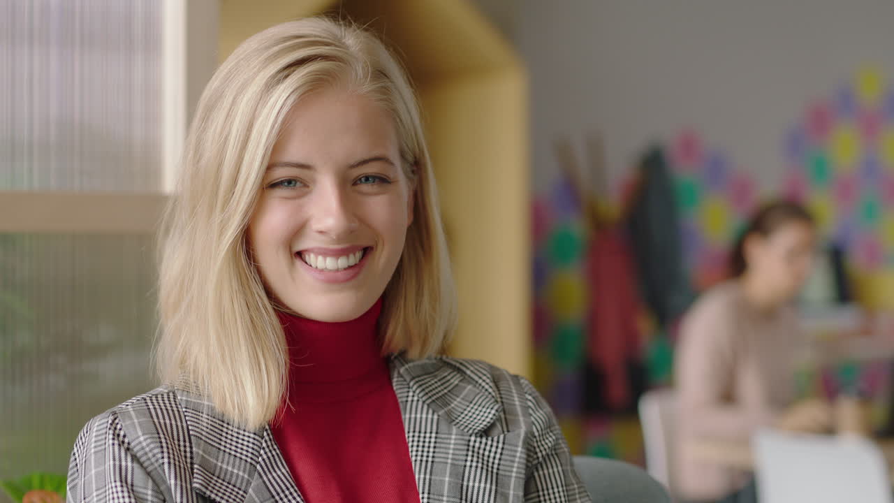 portrait beautiful caucasian business woman using smartphone texting social media messages smiling enjoying successful startup business listening in modern office