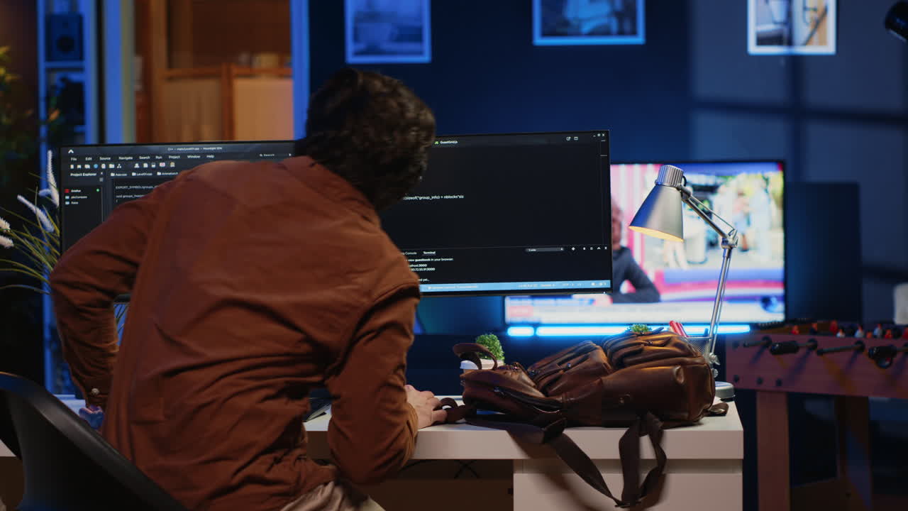 ingeniero informático comenzando el turno de trabajo en el apartamento, escribiendo líneas de código en la computadora