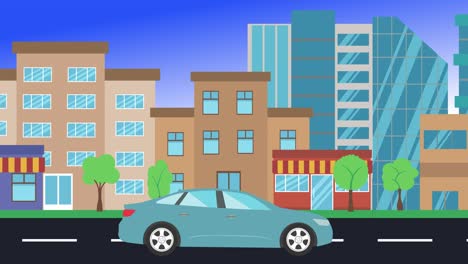viajes en coche por la ciudad vista lateral, animación en bucle, fondo de diseño plano
