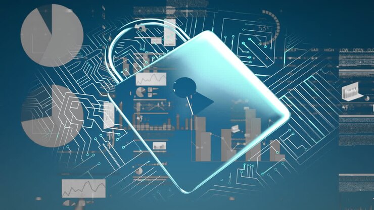Padlock over computer circuit board and moving data
