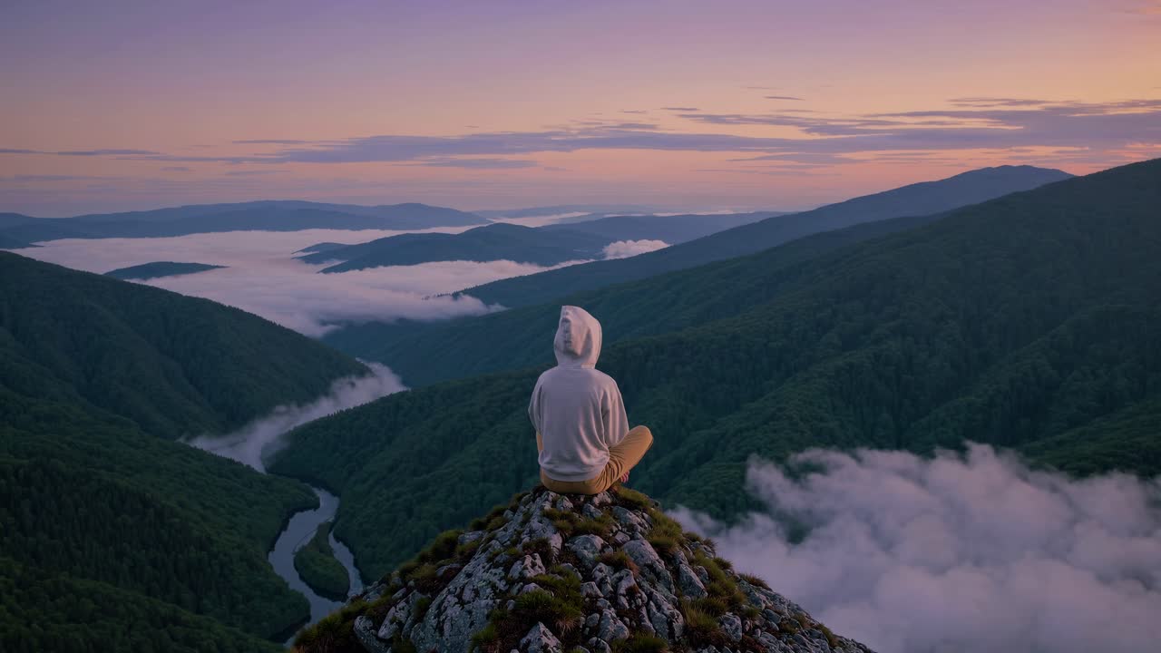 A serene video concept of a person in a hoodie sitting on a mountain peak at sunrise