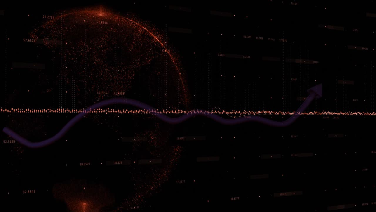 Animation of soundwave and graph with arrow over globe against black background