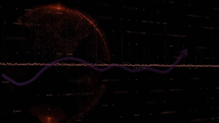 Animation of soundwave and graph with arrow over globe against black background