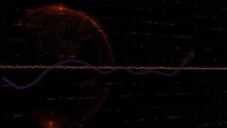 Animation-of-soundwave-and-graph-with-arrow-over-globe-against-black-background