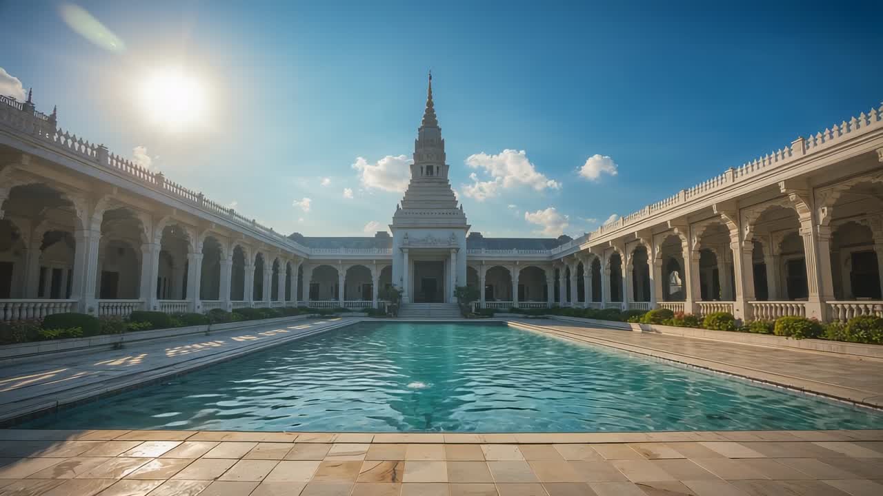 Shifting sun shadows crossing colonnaded courtyard, reflecting pool rippling under temple spire